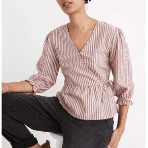 NWT Madewell Blouse XS Pink Puff-Sleeve Peplum Striped Wrap